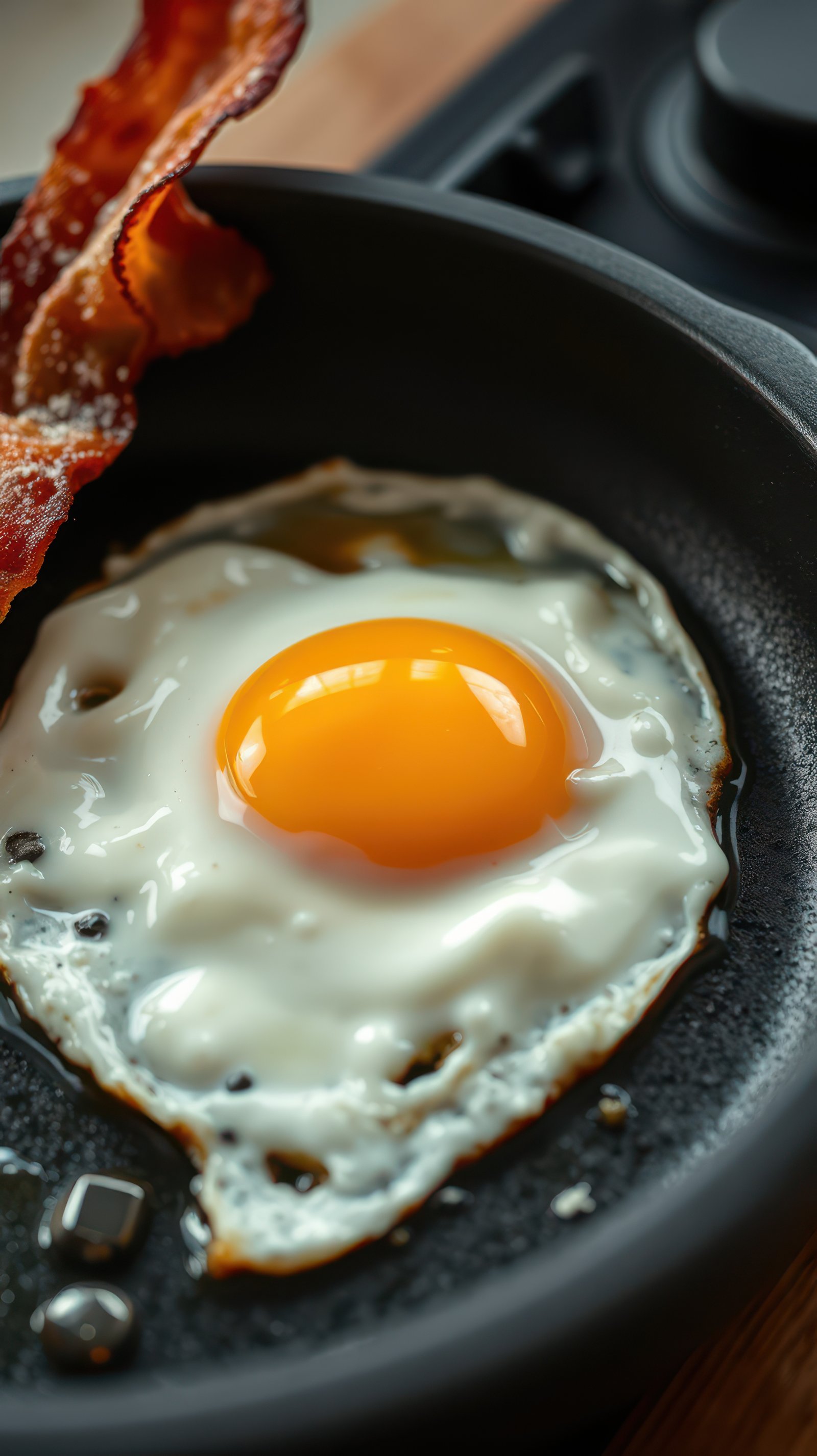 Perfectly cooked sunny side up egg with crispy bacon served on a black skillet